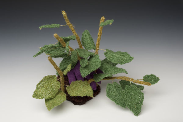 Knotweed: Not Safe, knitted sculpture of invasive plant Japanese Knotweed, 14 x 18 x 15 inches, © 2014 Eve Jacobs-Carnahan