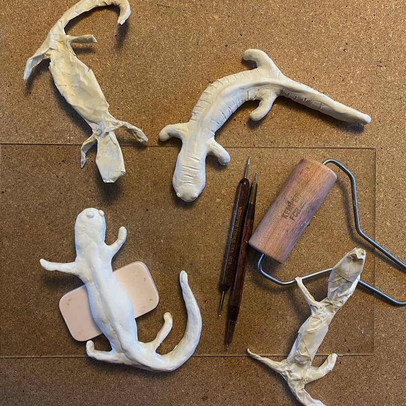 armatures and stone clay salamanders in progress © 2021 Eve Jacobs-Carnahan