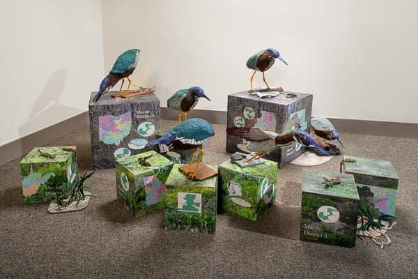  installation of fiberart birds, clay salamanders, digital printed cubes with gerrymandered maps© 2021 Eve Jacobs-Carnahan