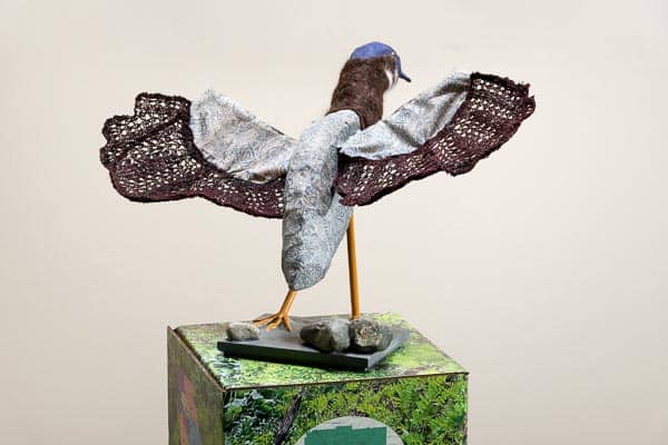 green heron fiberart sculpture, knitted lace wings, felted neck, fabric covered body, 15 x 23 x 27 inches ©2021 Eve Jacobs-Carnahan