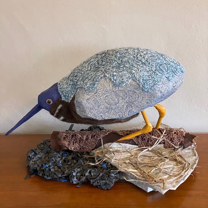 green heron fiberart on base of crocheted rubber, 14 x 20 x 18 inches ©2020 Eve Jacobs-Carnahan