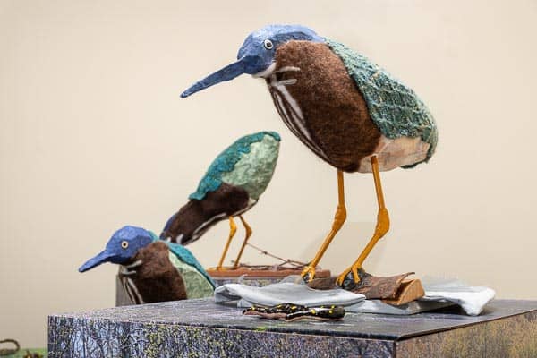 green heron fiberart sculptures by Eve Jacobs-Carnahan