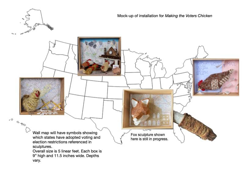 mock-up for Making the Voters Chicken showing wall map and positions of wall sculptures © 2022 Eve Jacobs-Carnahan