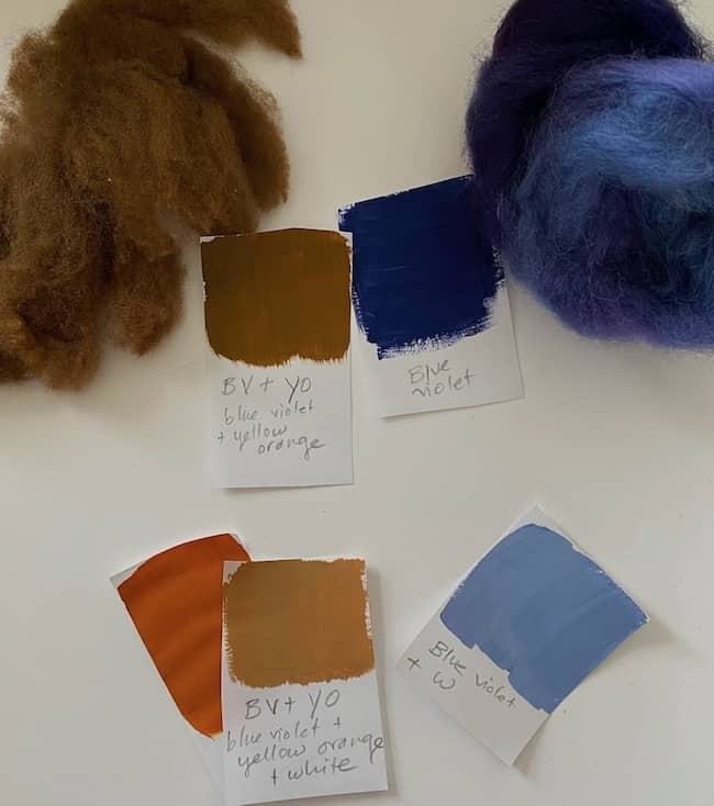 painted color swatches in blue violet and dull yellow orange with wool roving
