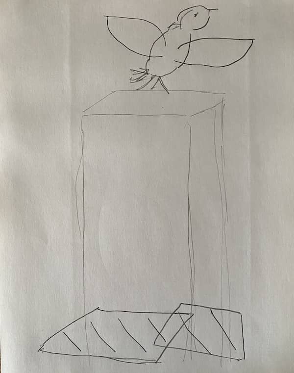 sketch of bird with outstretched wings atop pedestal with pieces of wire cage on floor