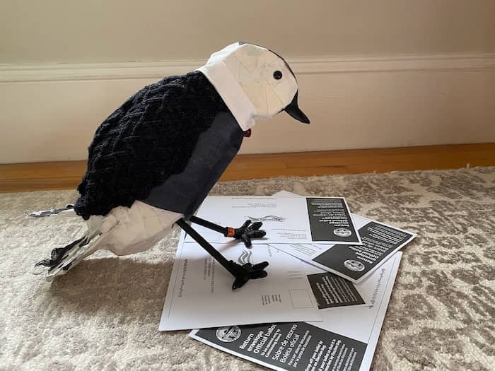 view through wire shapes of grey knitted birds huddled in corner